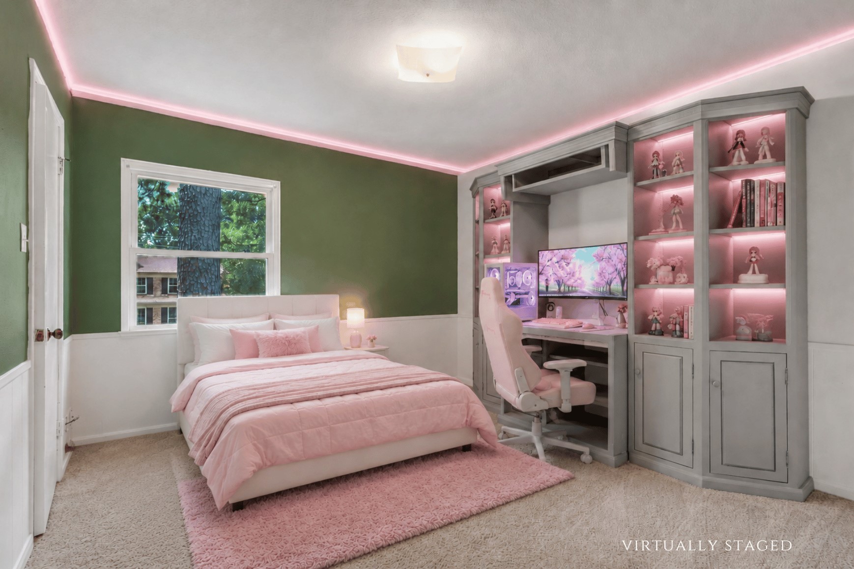 Upstairs bedroom featuring generous proportions, natural light, and impressive built-in cabinetry and shelving for added character and functionality.