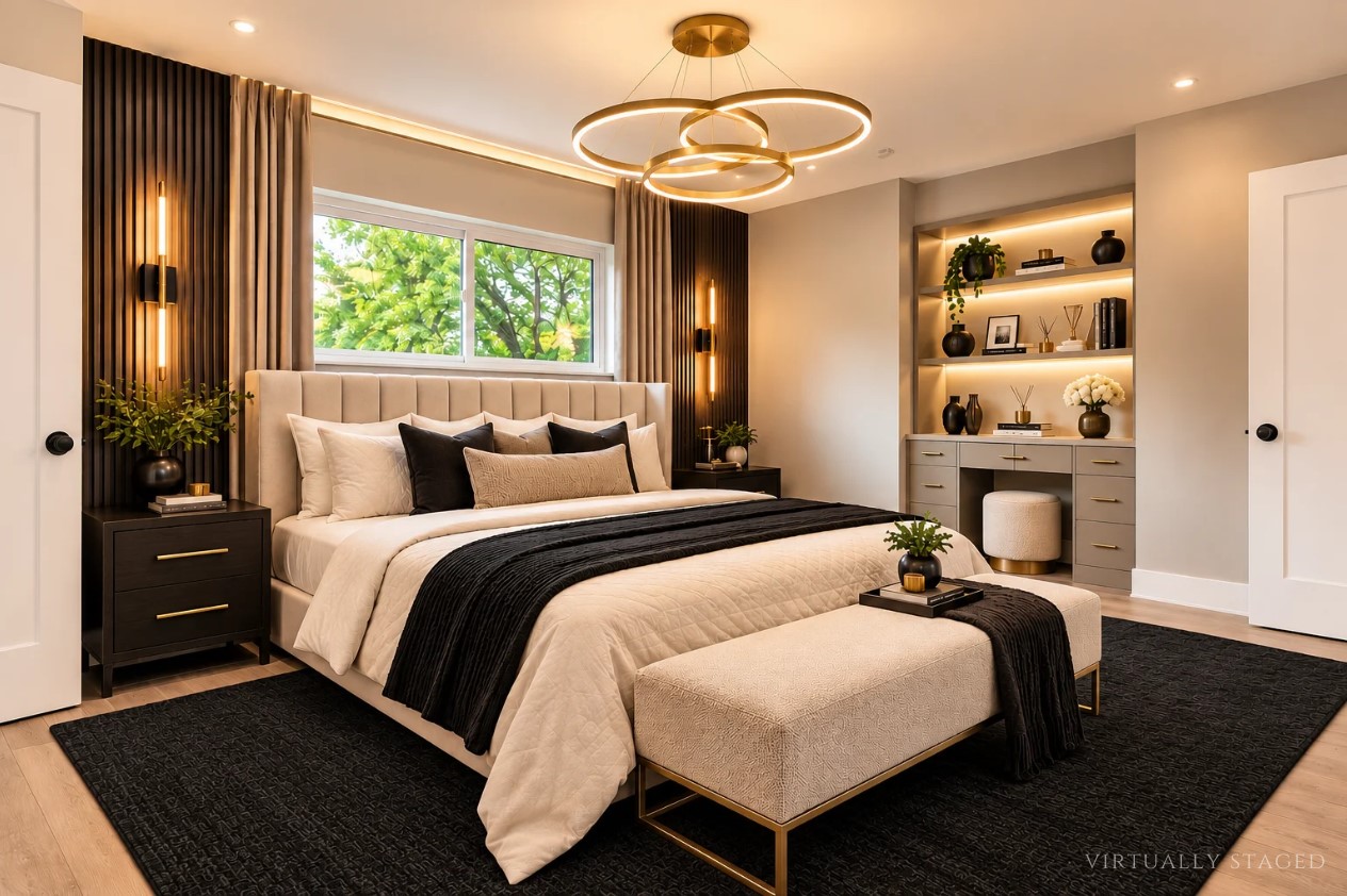 Virtually staged upstairs secondary primary suite showcasing the rooms comfortable scale, natural light, built-in shelving, and potential for a beautifully appointed private retreat.