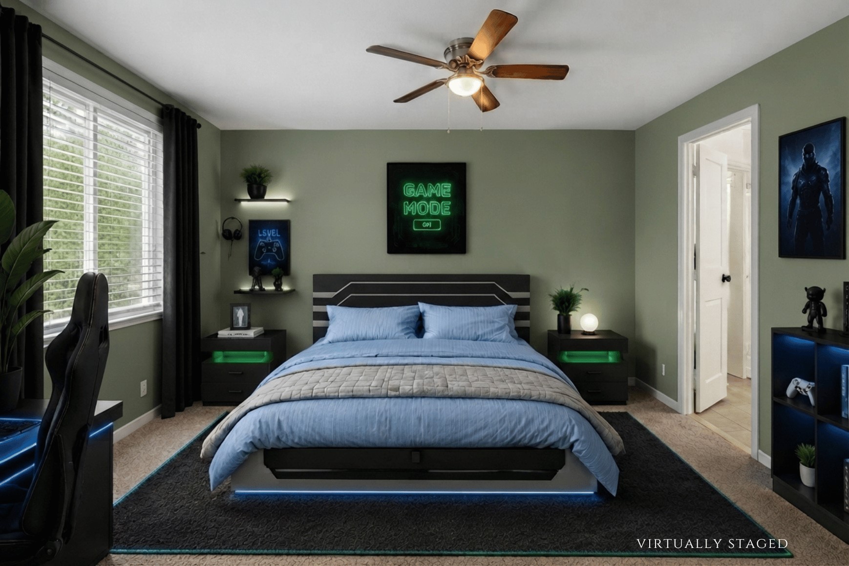 Virtually staged to showcase the generous scale of this upstairs bedroom and its flexibility for a complete bedroom suite.