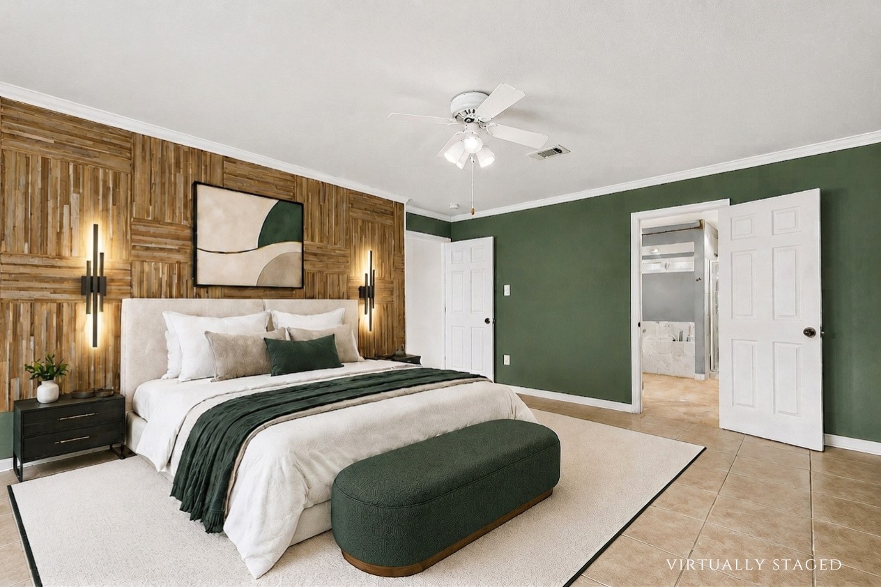 Virtually staged to showcase the exceptional scale of the primary bedroom, comfortably accommodating substantial furnishings while highlighting the striking accent wall and private bath access.