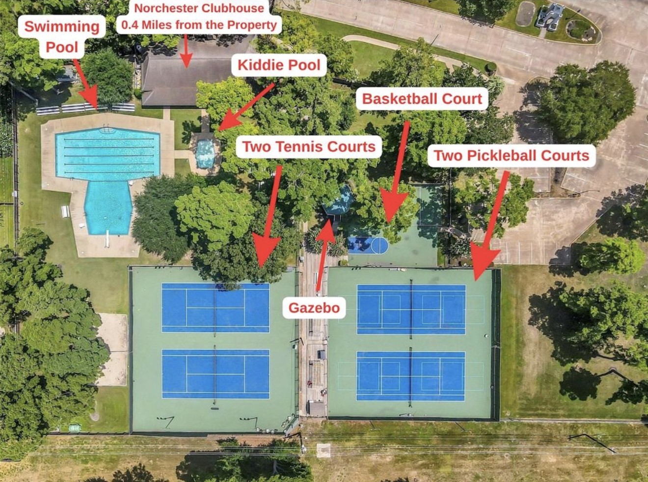 Aerial view highlighting Norchesters extensive community amenities, conveniently located approximately 0.4 miles from the property and offering multiple options for recreation, relaxation, and outdoor enjoyment.