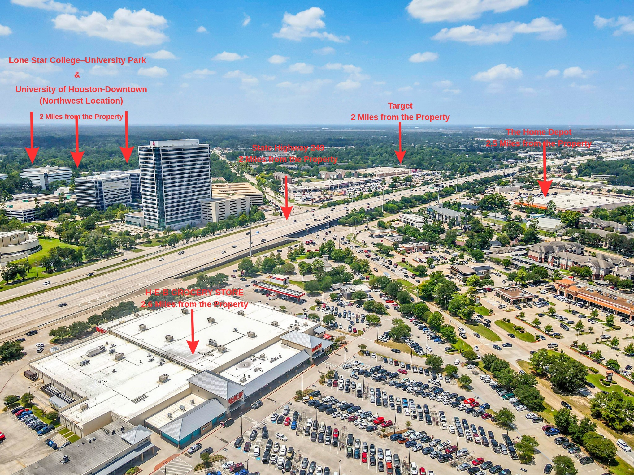 Aerial view highlighting the propertys convenient location near State Highway 249, Lone Star CollegeUniversity Park, the University of Houston-Downtown Northwest location, H-E-B, Target, The Home Depot, and surrounding shopping and services.