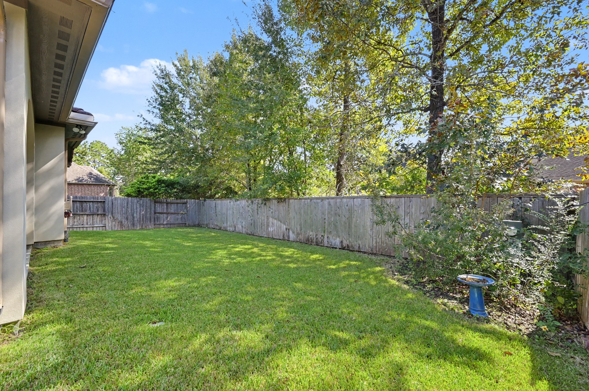 Expansive backyard with lush green lawn and mature trees, offering privacy and a serene outdoor space perfect for relaxation or entertainment.