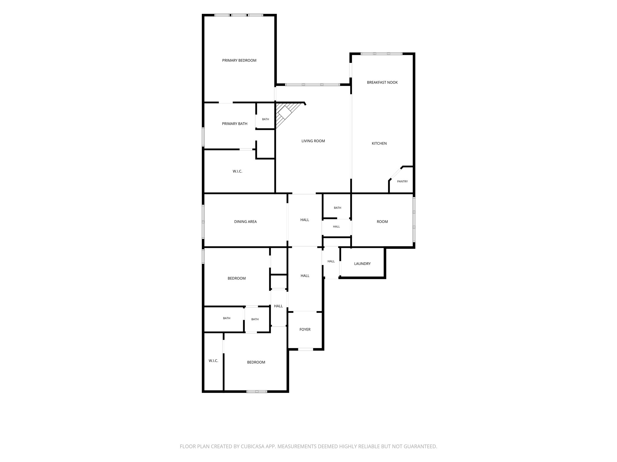Spacious floor plan featuring a primary bedroom with ensuite, multiple bedrooms, a large living room, dining area, and kitchen with breakfast nook. Includes laundry, pantry, and additional rooms for versatile use.