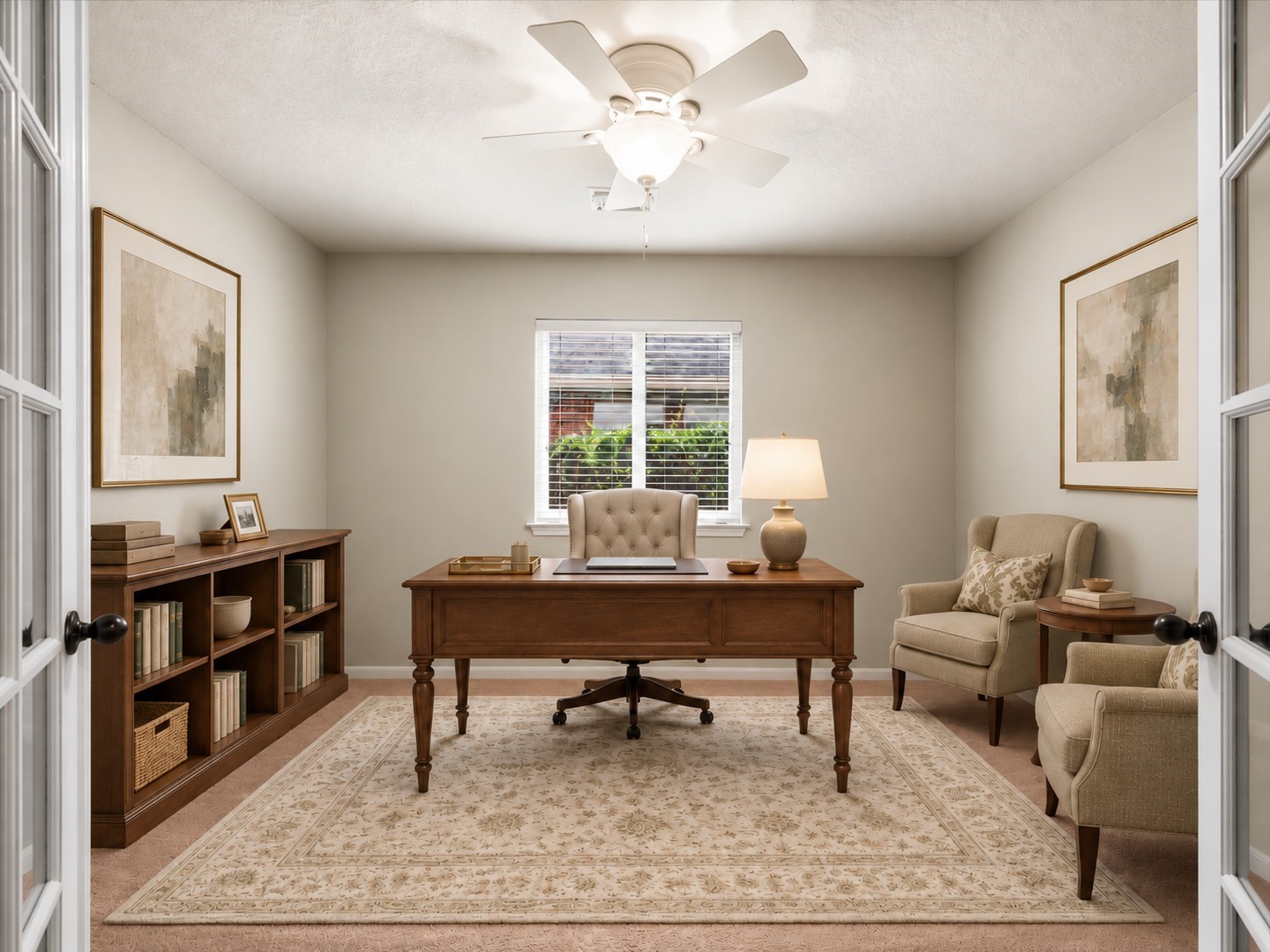 Virtually staged to illustrate the potential of this dedicated home office, offering a comfortable space for remote work, study, or managing daily tasks.