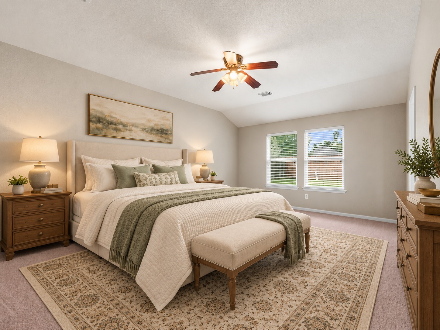 Virtually added furnishings highlight the potential of this spacious primary suite as a peaceful retreat with room to relax and unwind at the end of the day.