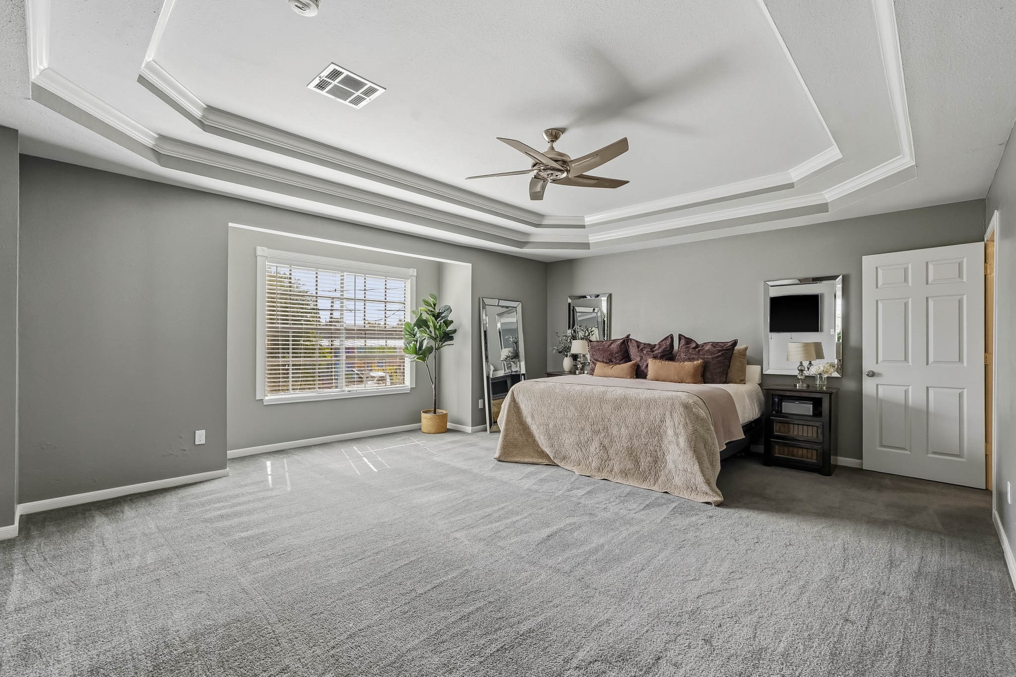 Spacious primary bedroom featuring elegant tray ceilings, a ceiling fan, and abundant natural light from a large window, creating a serene retreat.