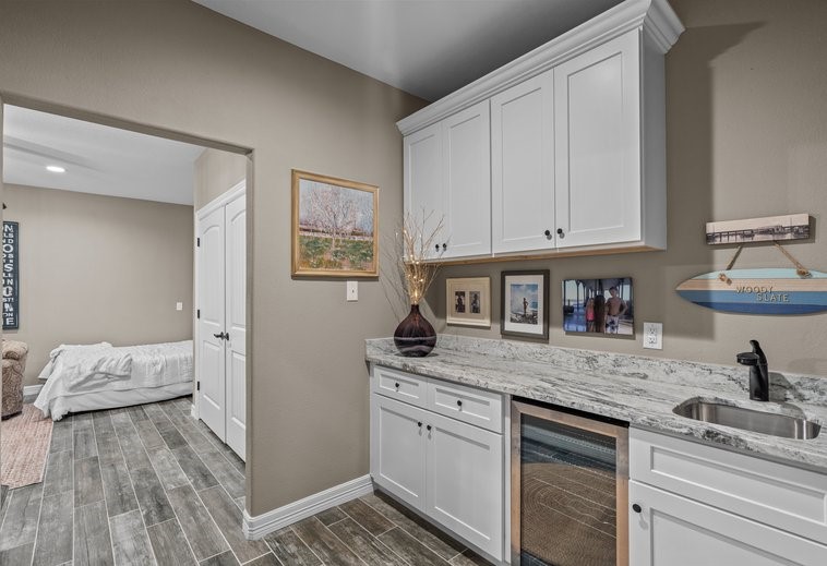 Wet bar area in the converted garage with an amazing private bedroom with lounging area