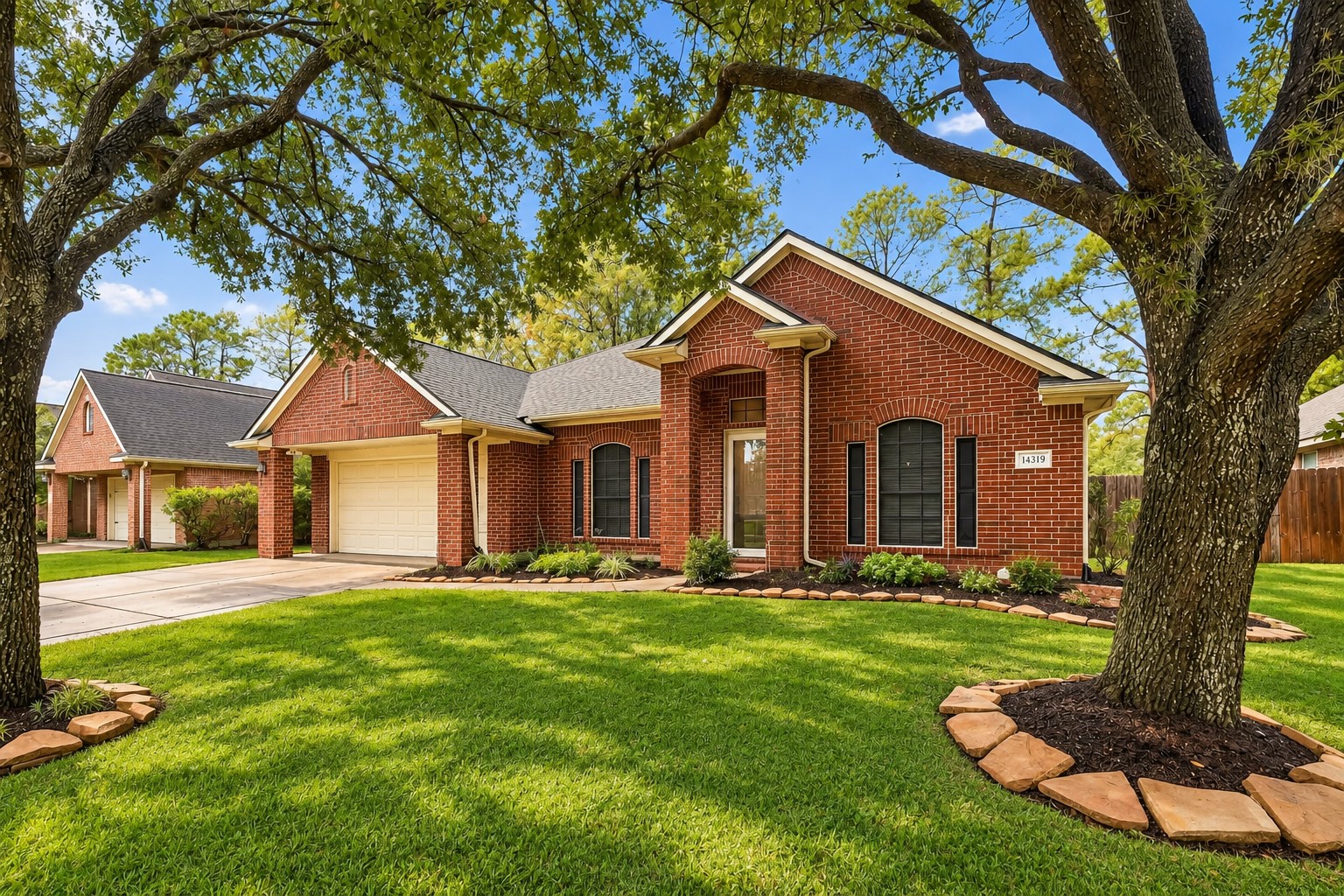 Nestled among mature trees, this inviting single-story home offers a desirable split floor plan, high ceilings and a fresh, neutral color palette throughout.