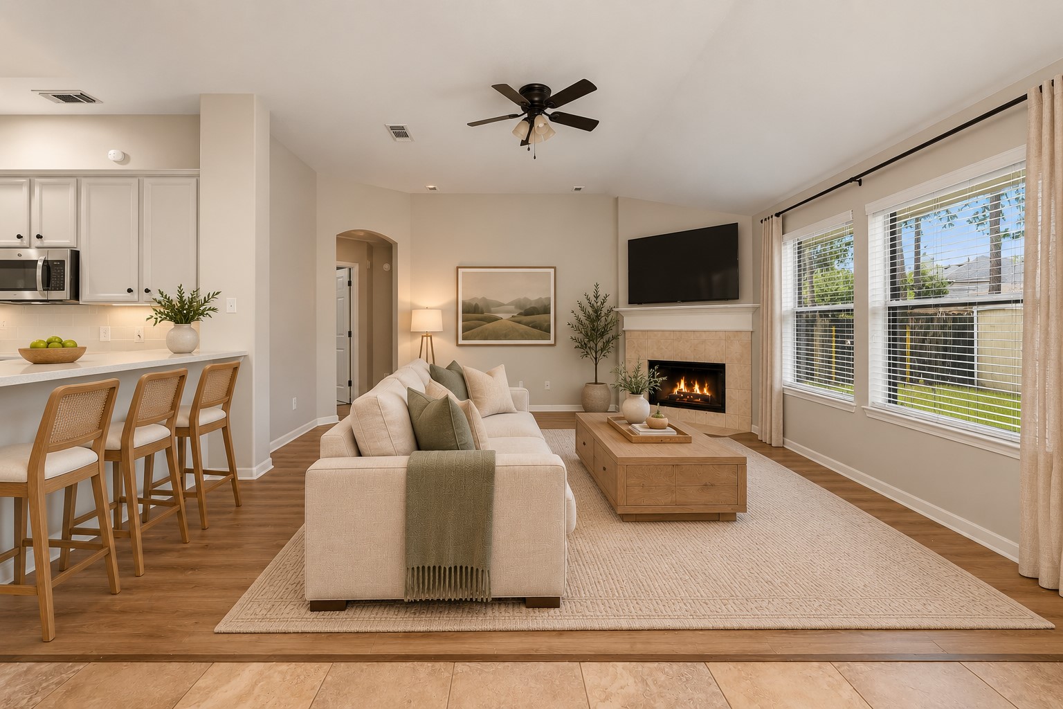 The cozy living room with fireplace.