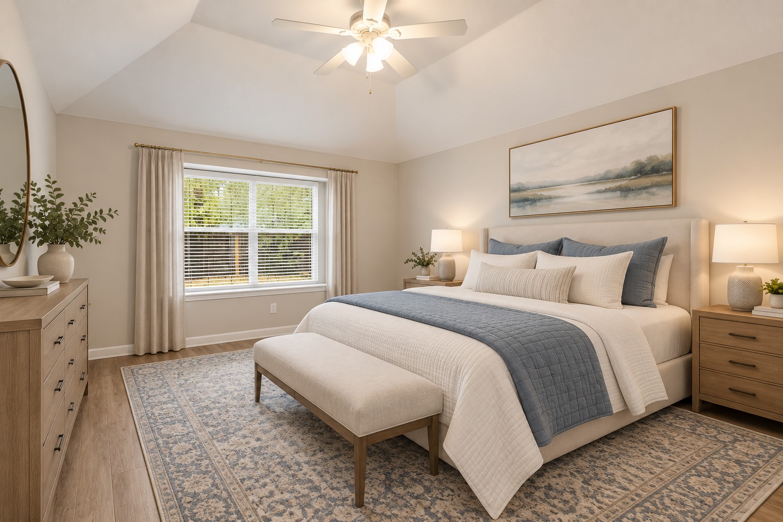 The private primary suite features an en-suite bath with double sinks, soaking tub and separate walk-in shower.