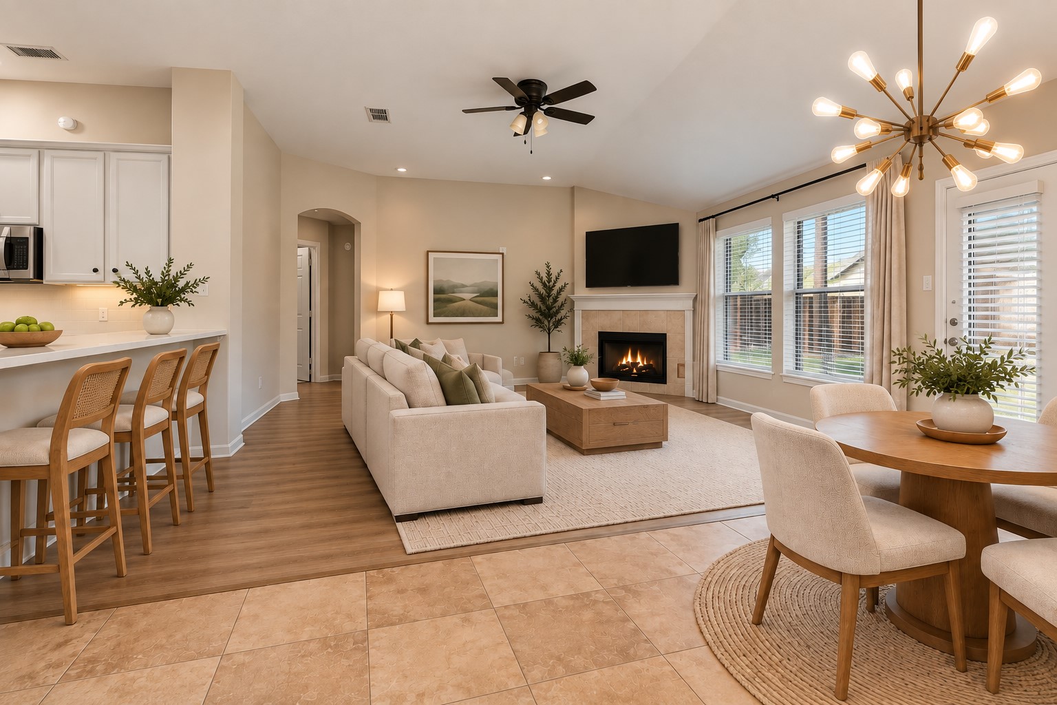 The cozy living room with fireplace.