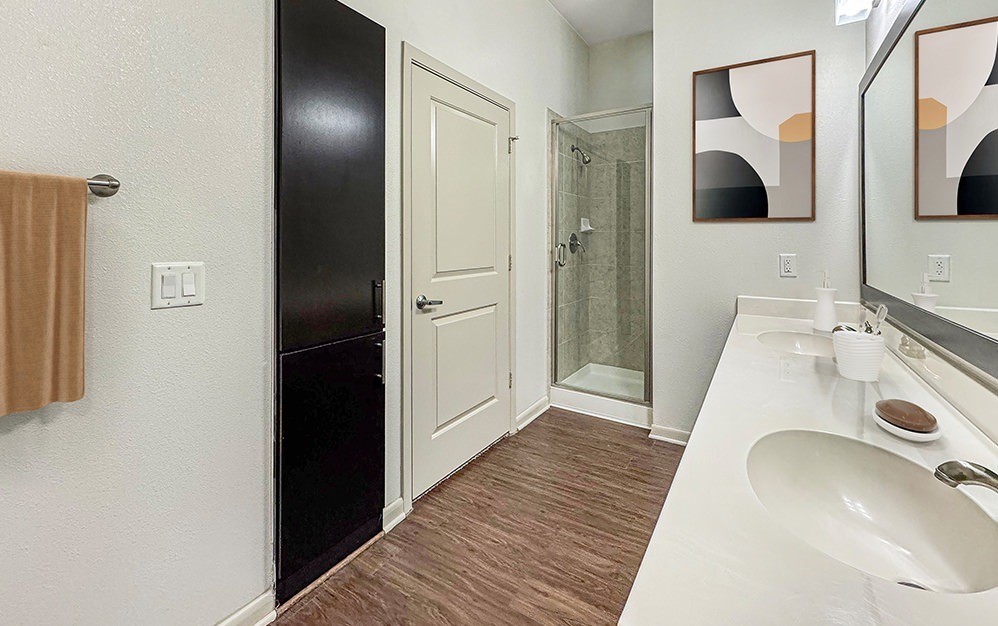 Bathroom featuring a double-sink vanity and additional cabinetry, offering enhanced storage and everyday convenience. Bathroom featuring a double-sink vanity and additional cabinetry, offering enhanced storage and everyday convenience.