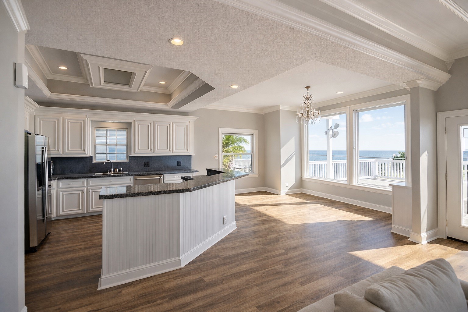 Open kitchen and dining with water views Open kitchen and dining with water views