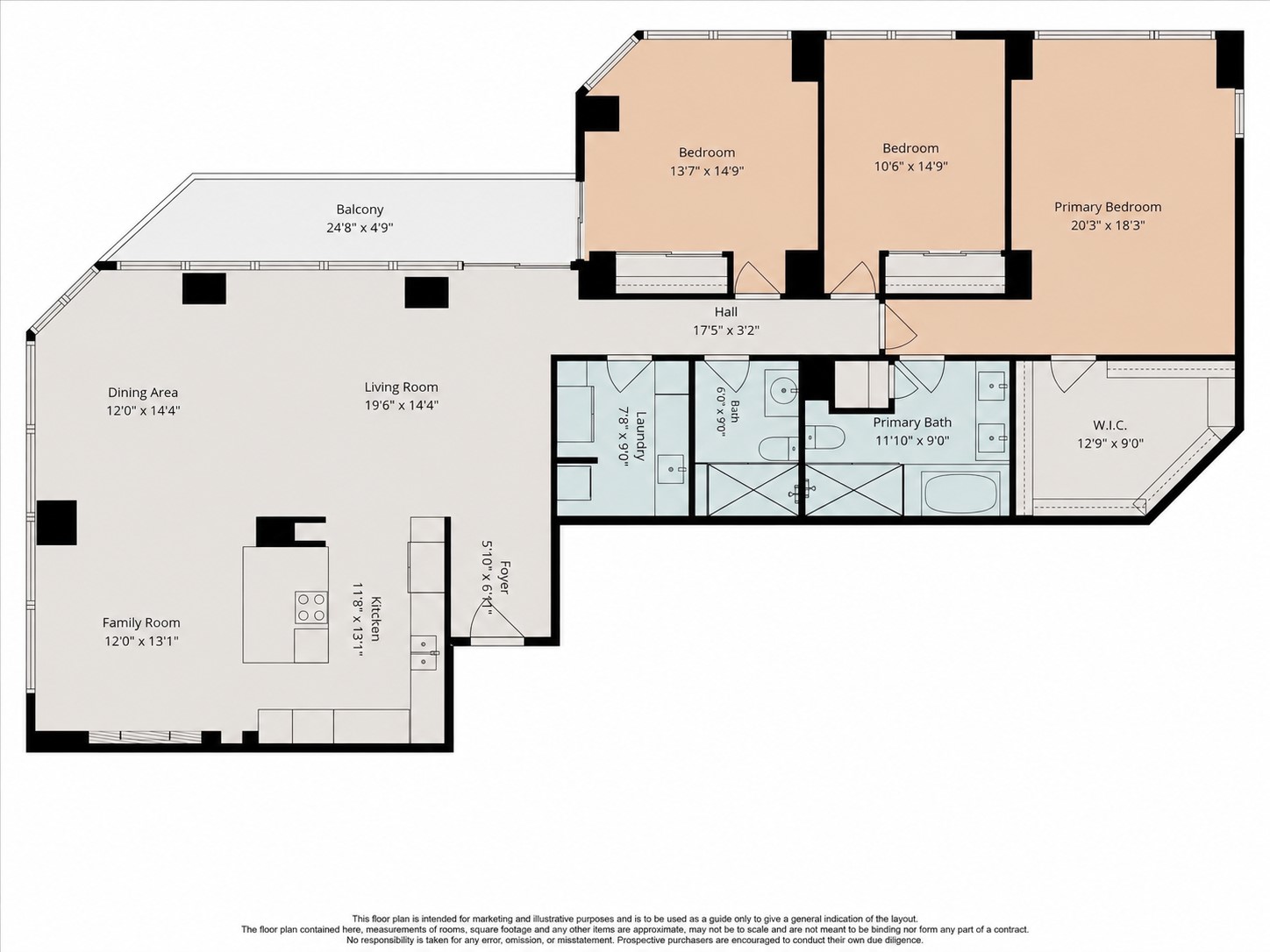 Floor plan illustrates three bedrooms, two baths and the balcony connection.