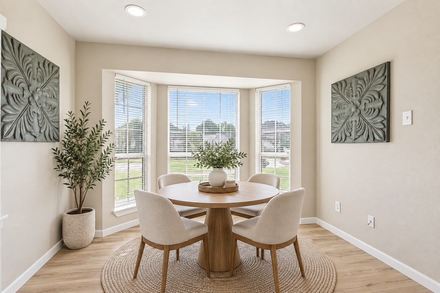 The breakfast nook features a bay window that fills the space with natural light. Virtually staged.