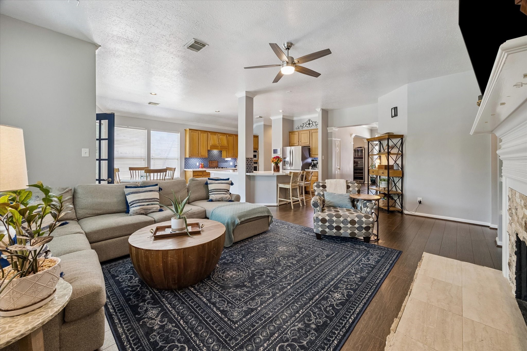 Another view of the open-concept, kitchen-living room combo.