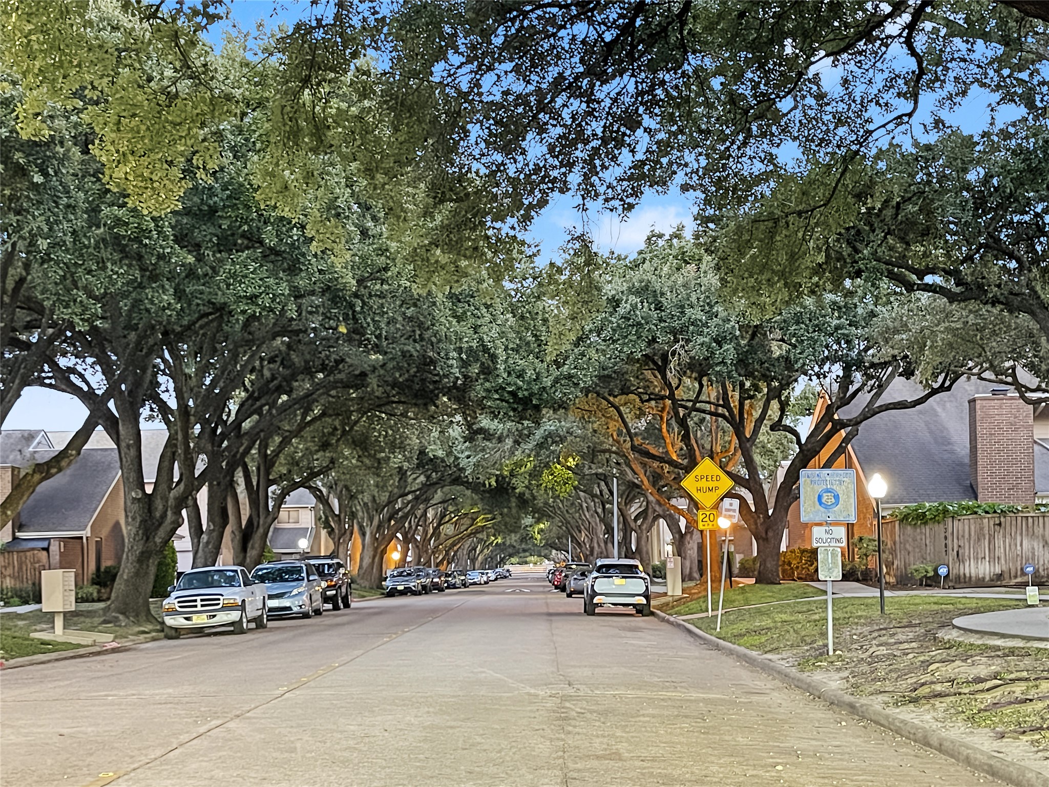 View of the quiet Hollowgreen Dr., surrounded by mature trees.
