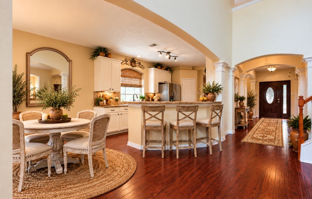 Virtually Staged breakfast Rm and Kitchen that is open to the living area