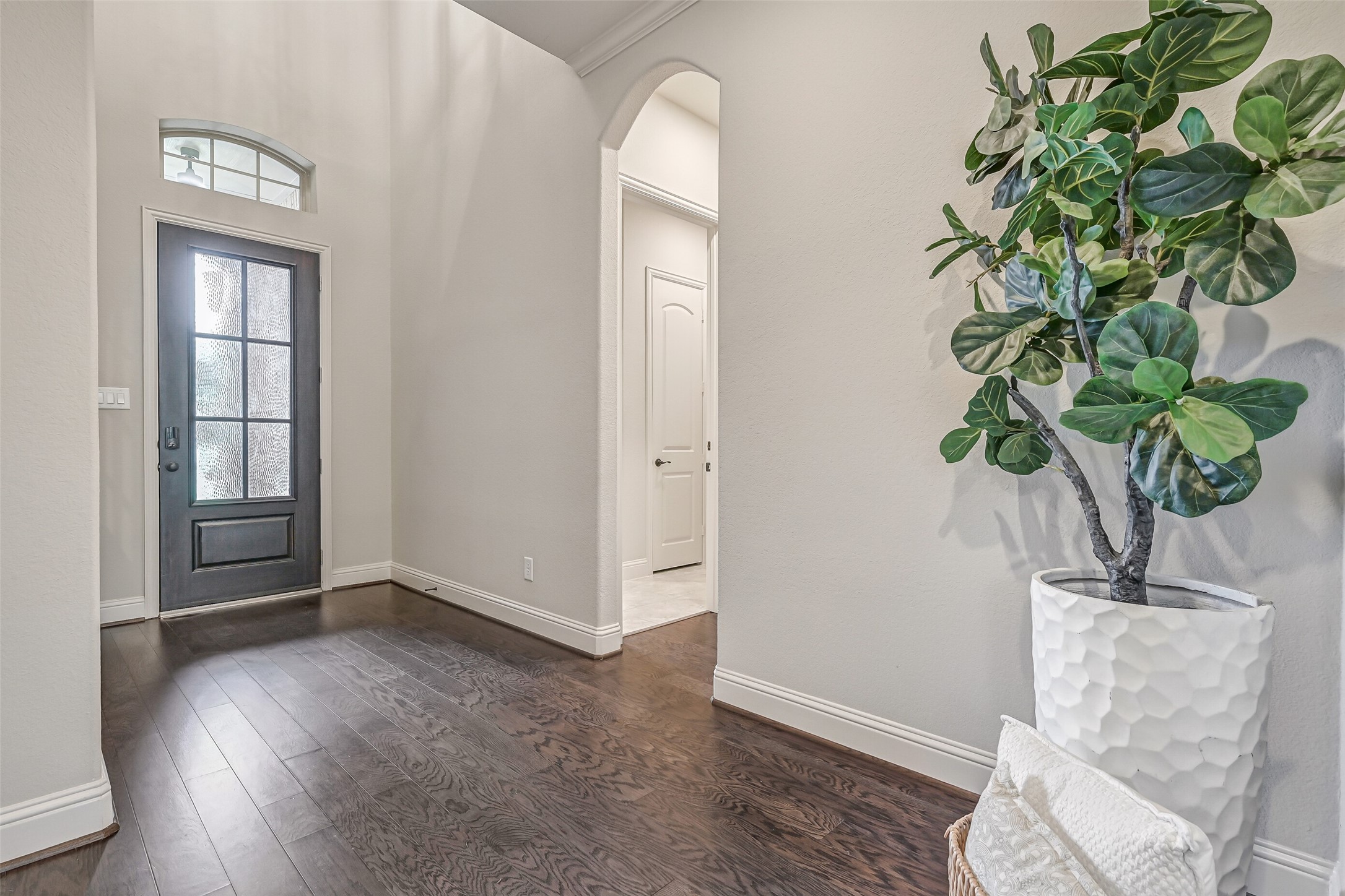 Looking back toward the front entrance, the dramatic two-story foyer showcases the 8' Flemish glass entry door, arched transom window, rich luxury vinyl plank flooring & neutral paint. Just off the foyer, an arched opening leads to the powder room & a separate apartment.