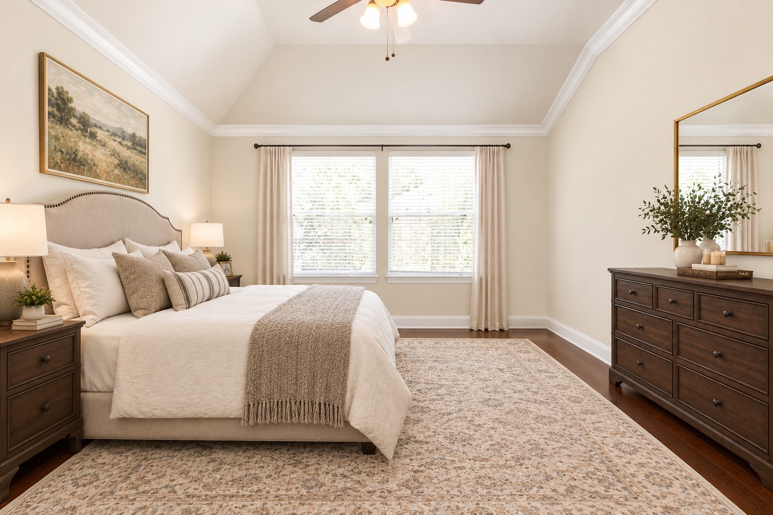 Enhanced image showing the primary bedroom with new paint and staging.