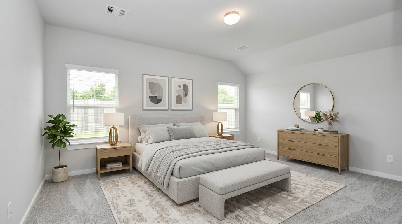 Virtually Staged - Primary Bedroom. Sample photo of completed home with similar floor plan. Actual colors and selections may vary.