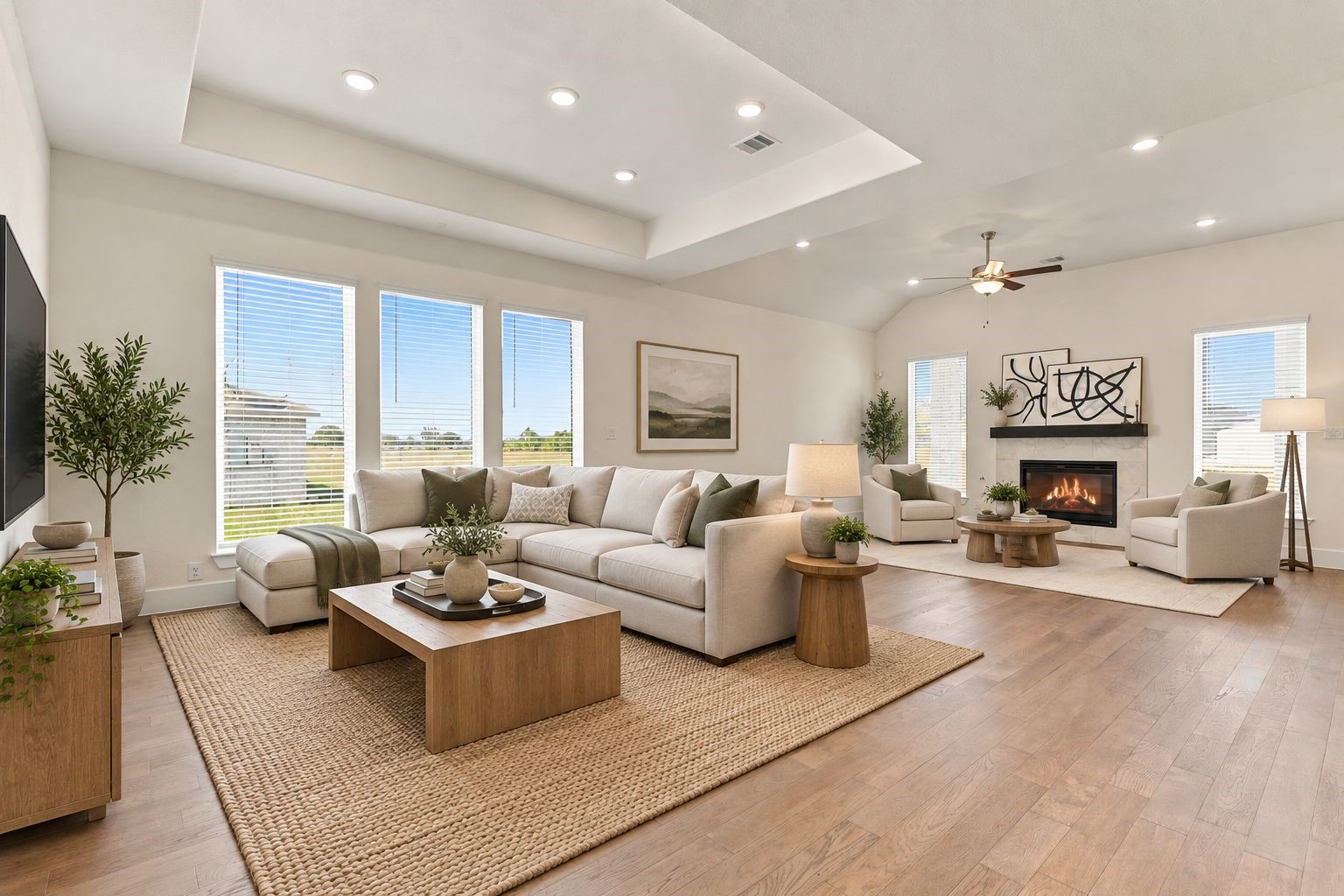 WHAT A SPECTACULAR & VERSATILE LIVING SPACE! Imagine the POSSIBILITIES! Design this BEAUTIFUL ROOM as an ELEGANT FORMAL DINING AREA or a WONDERFUL FAMILY GATHERING SPACE! Featuring a DRAMATIC TRAY CEILING, COZY GAS-LOG FIREPLACE, GORGEOUS ENGINEERED WOOD FLOORING & THREE LARGE WINDOWS welcoming beautiful NATURAL LIGHT! The OPEN-CONCEPT DESIGN flows gracefully into the GOURMET KITCHEN & dining areas, making entertaining a BREEZE! CREATE THE SPACE THAT FITS YOUR LIFESTYLE! Photo is Virtually Staged.