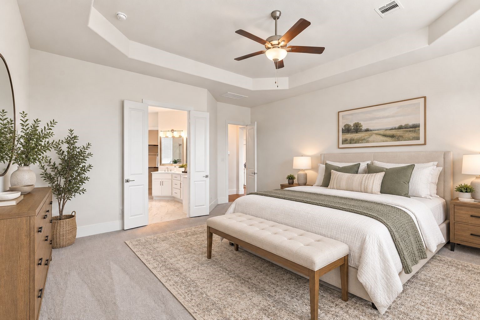Elegance & Comfort in Every Detail! Escape to your beautiful private primary suite, where luxury and relaxation come together! This spacious retreat showcases a dramatic high tray ceiling, stylish ceiling fan, and expansive windows welcoming an abundance of natural light while offering wonderful views of your massive backyard! Imagine waking up to peaceful backyard views or unwinding in your own private sanctuary after a busy day! The impressive ceiling design adds a touch of custom elegance! Virtual stage