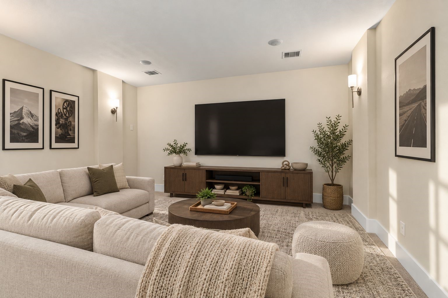 YOUR PRIVATE MEDIA RETREAT! Enjoy movie nights in this IMPRESSIVE entertainment space featuring a large-screen TV, comfortable sectional seating, and stylish recessed lighting! The spacious layout creates a cozy atmosphere for watching favorite films, cheering on your team, or relaxing with family! **Photo is Virtually Staged**