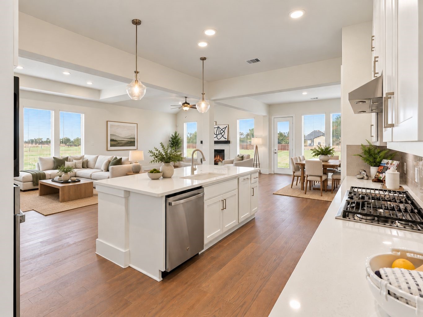 OPEN-CONCEPT ENTERTAINING AT ITS BEST! The BEAUTIFUL kitchen opens seamlessly to the spacious family and dining areas, creating an ideal setting for hosting guests and enjoying everyday moments! Featuring quartz countertops, a large center island, stainless steel appliances, and gorgeous engineered wood flooring throughout the main living areas, this inviting design blends style and functionality!  **Photo is Virtually Staged**