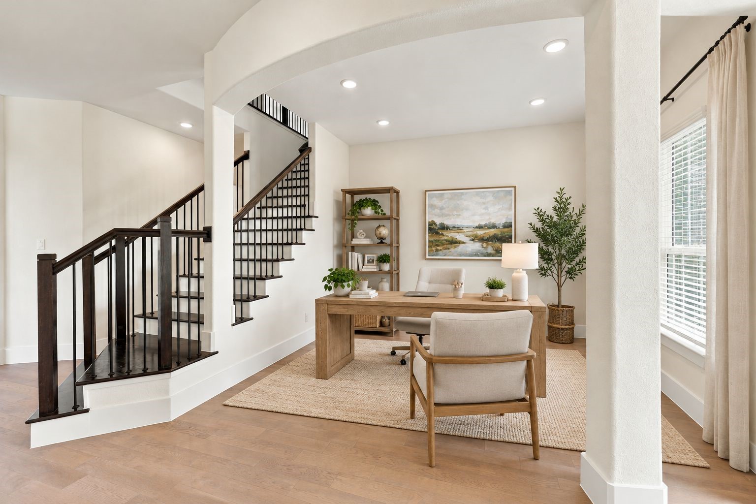 ELEGANT DESIGN & OPEN LIVING! This beautiful view highlights the virtually staged home office alongside the STRIKING STAIRCASE with dark railings, soaring ceilings, and gorgeous architectural details! The open layout offers flexibility to reimagine this space as a second sitting room or additional living area! **Photo is Virtually Staged**