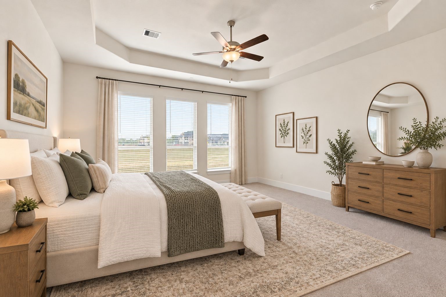 YOUR LUXURIOUS PRIMARY RETREAT! Unwind in this SPACIOUS primary bedroom featuring an elegant tray ceiling, stylish ceiling fan, large windows, and a soothing neutral palette! The generous layout, natural light, and inviting finishes create a peaceful escape at the end of the day! **Photo is Virtually Staged**