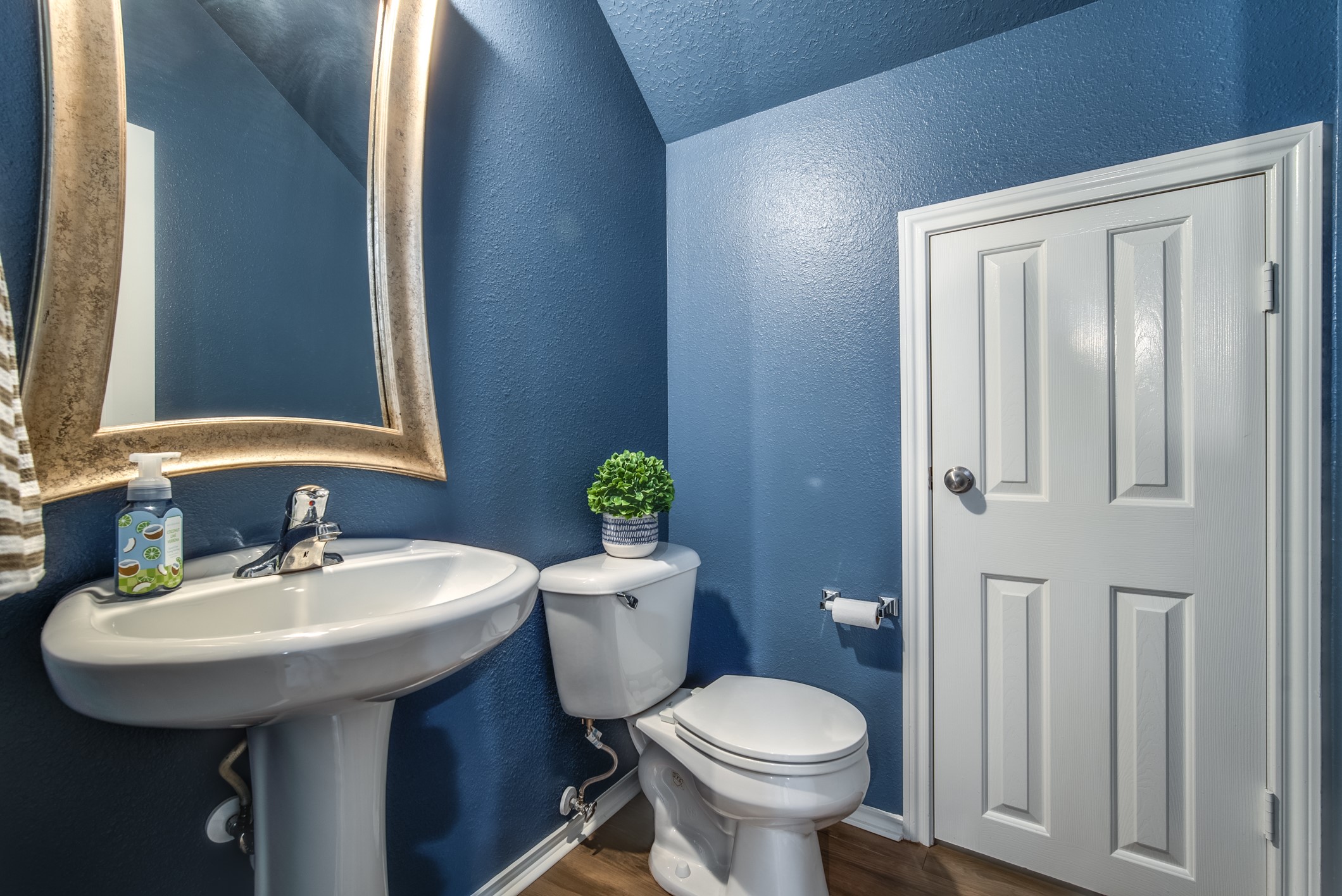 Half bath on the first floor with under the stair storage closet