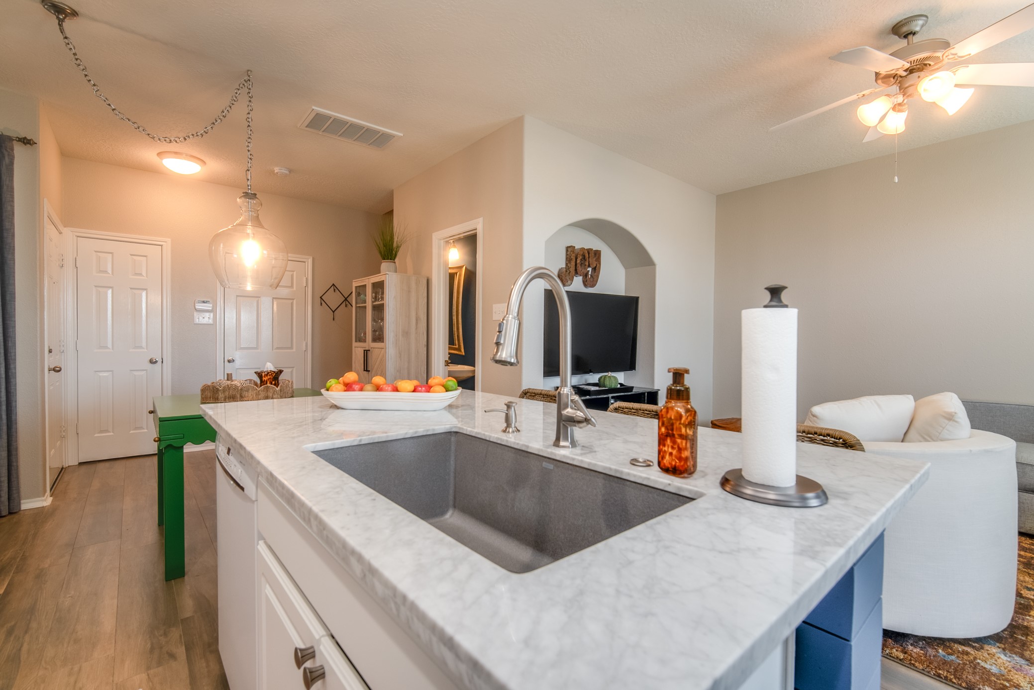 Closer look at the updated Blanco sink (crush granite). faucet, and island