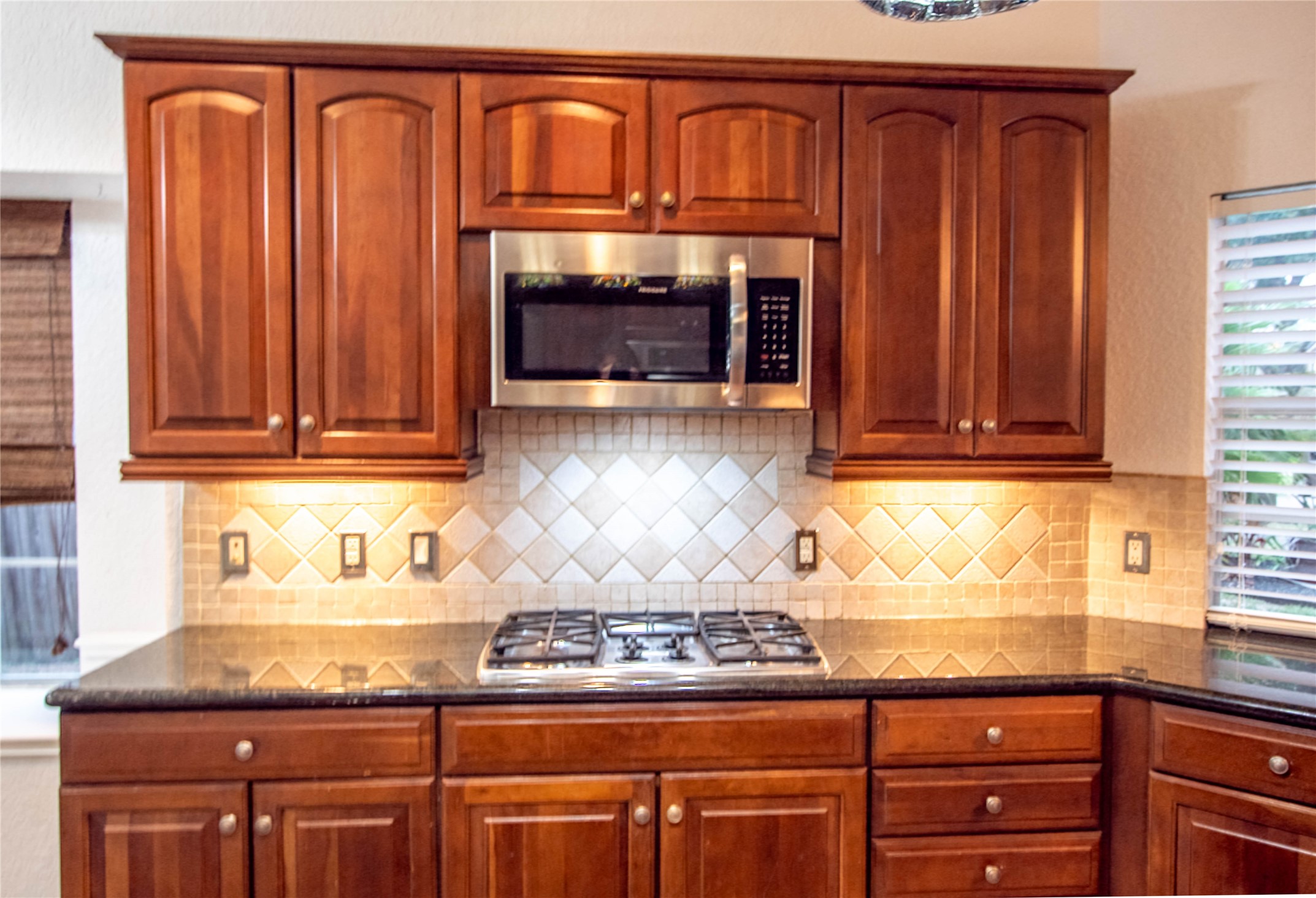 The gas cooktop and attached microwave, greenish/black granite  and plenty of cabinets.