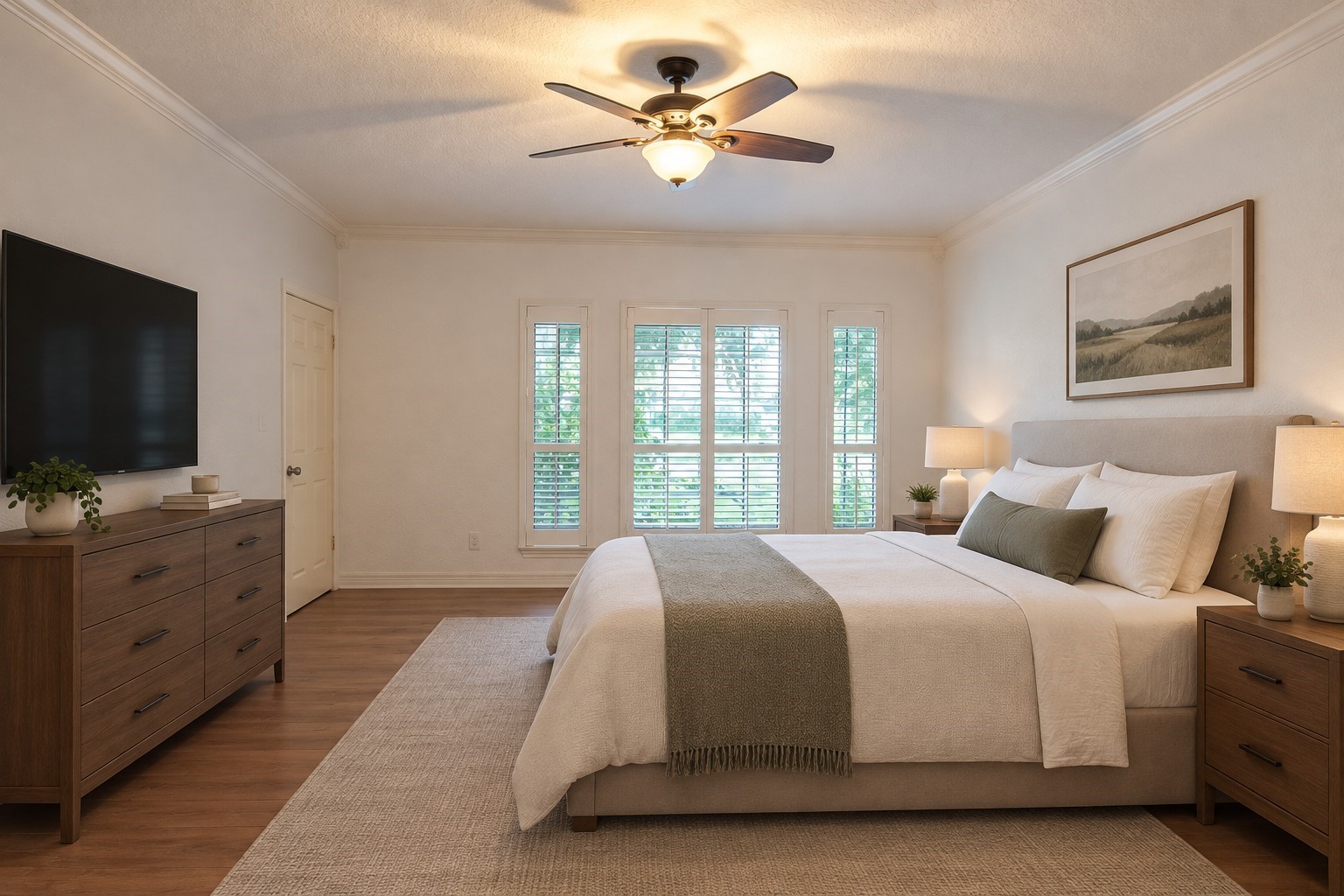 Virtual staging of main bedroom, on first floor.