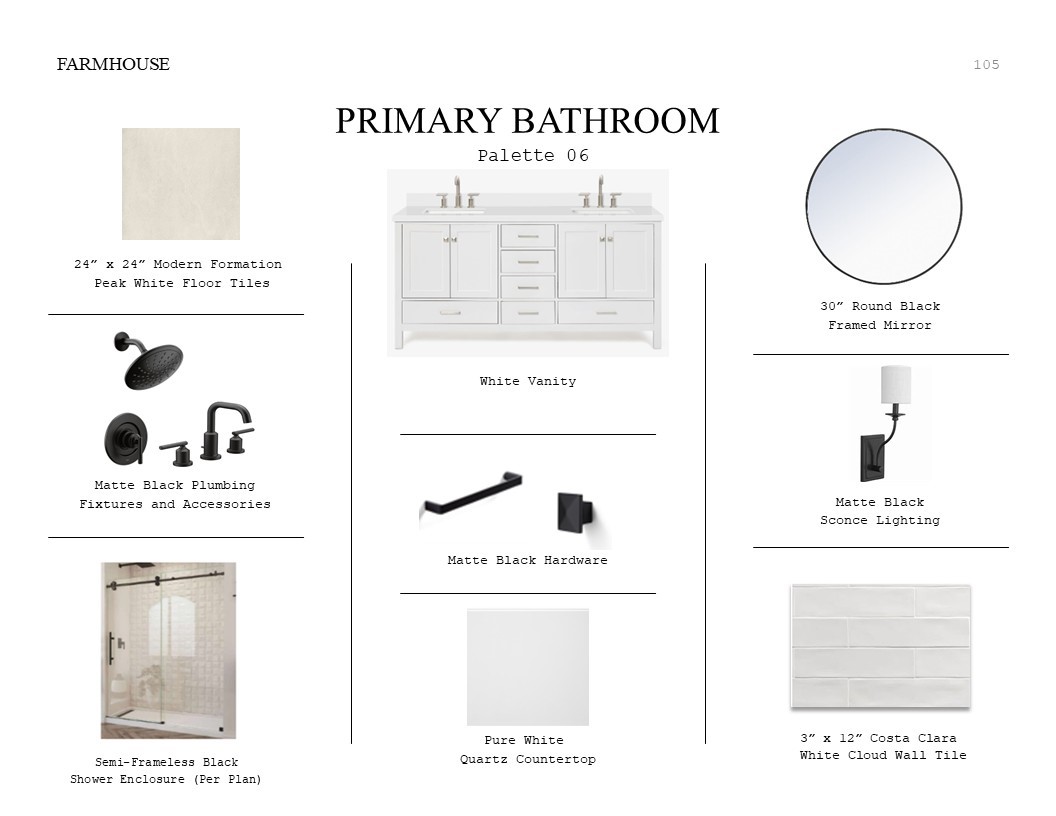 Farmhouse Look Palette 6: Primary Bathroom Selection Sheet (*Artist rendering used for illustration purposes only.)