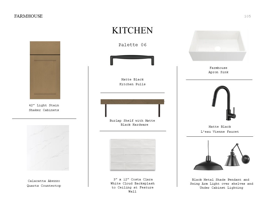 Farmhouse Look Palette 6: Kitchen Selection Sheet (*Artist rendering used for illustration purposes only.)