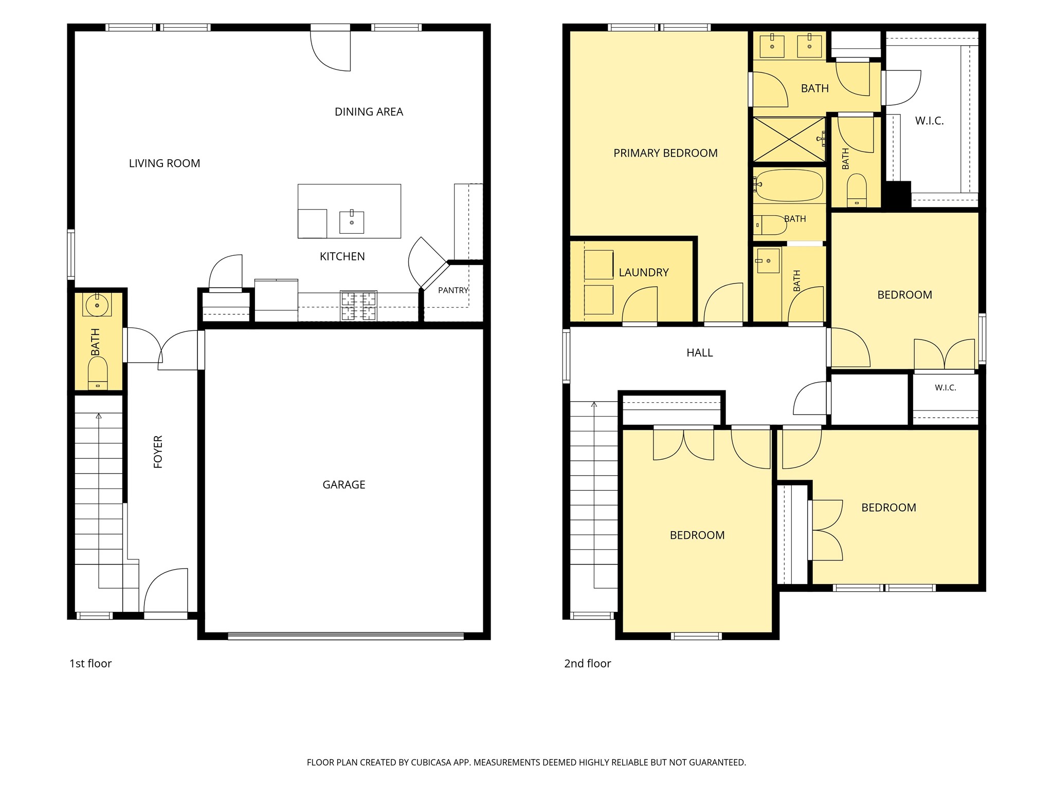 Spacious two-story floor plan featuring an open-concept living and dining area, a modern kitchen with pantry, and a convenient first-floor bath. Upstairs, enjoy a primary bedroom with en-suite bath, three additional bedrooms, two more bathrooms, and a laundry room. Ample storage with walk-in closets and a two-car garage.