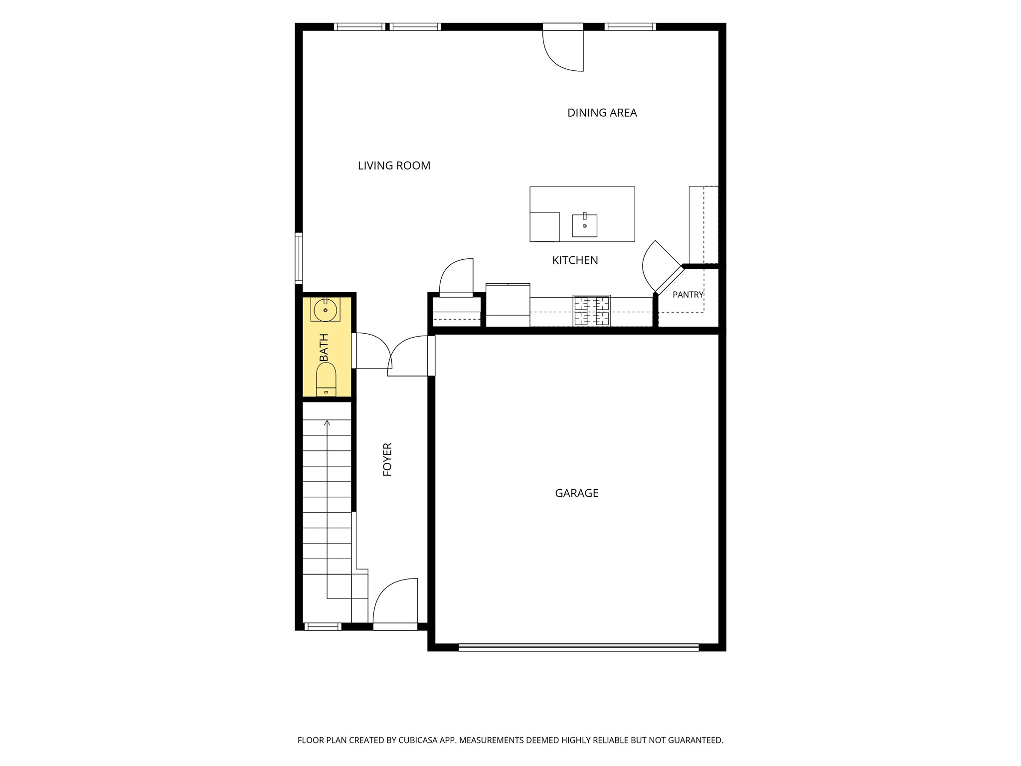 Spacious open-concept layout featuring a large living room, dining area, modern kitchen with pantry, half bath, and convenient access to the garage.