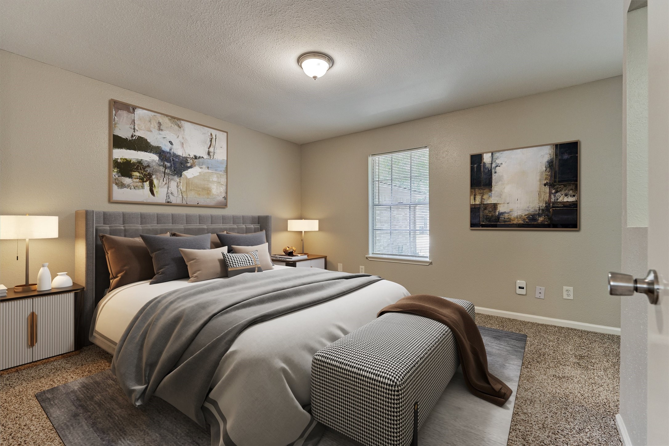 This virtually staged photo helps you to visualize the spaciousness of the primary bedroom.