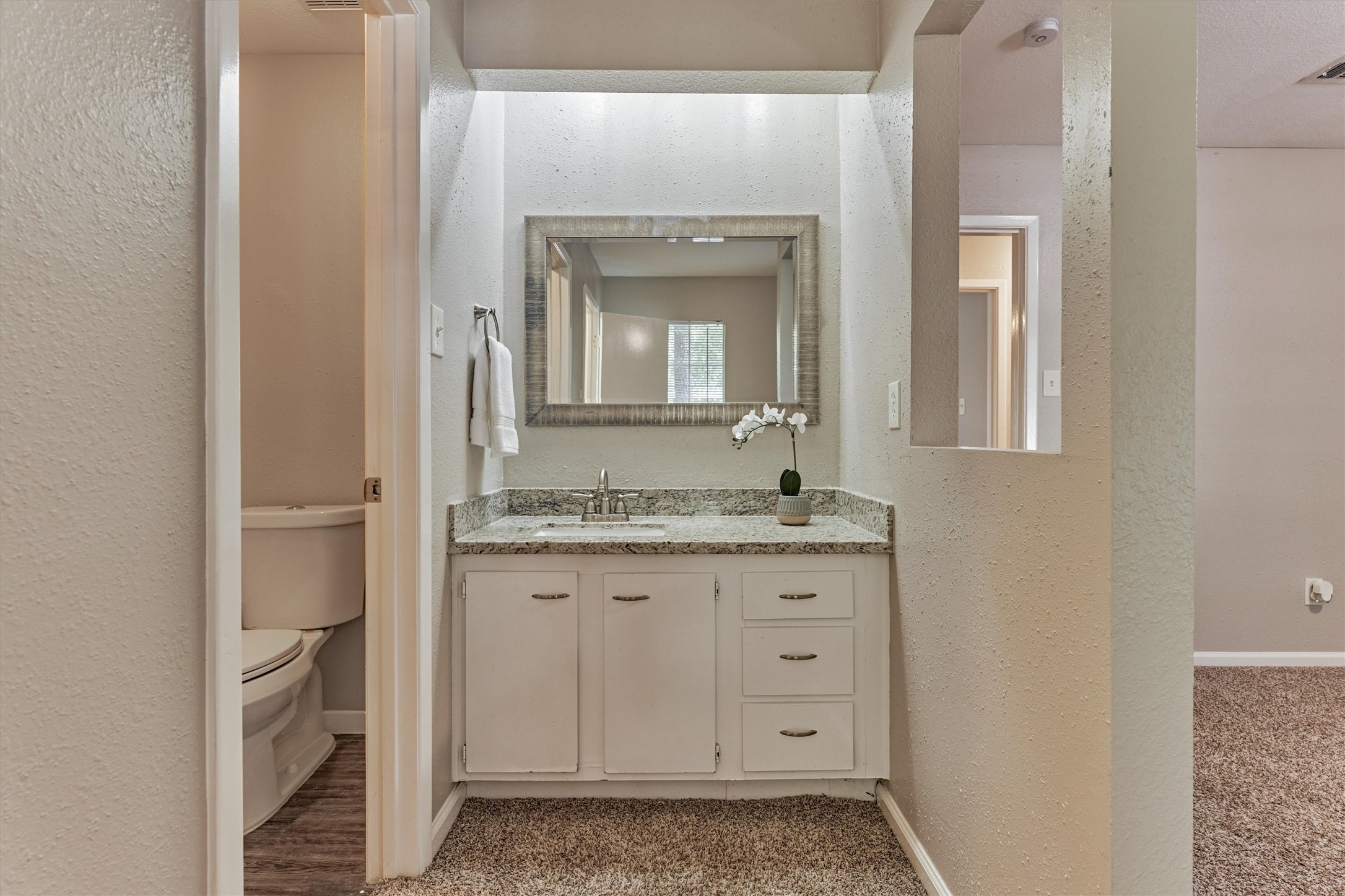 The vanity with granite counter top is separate from the shower and toilet maximizing the usage of the spaces.
