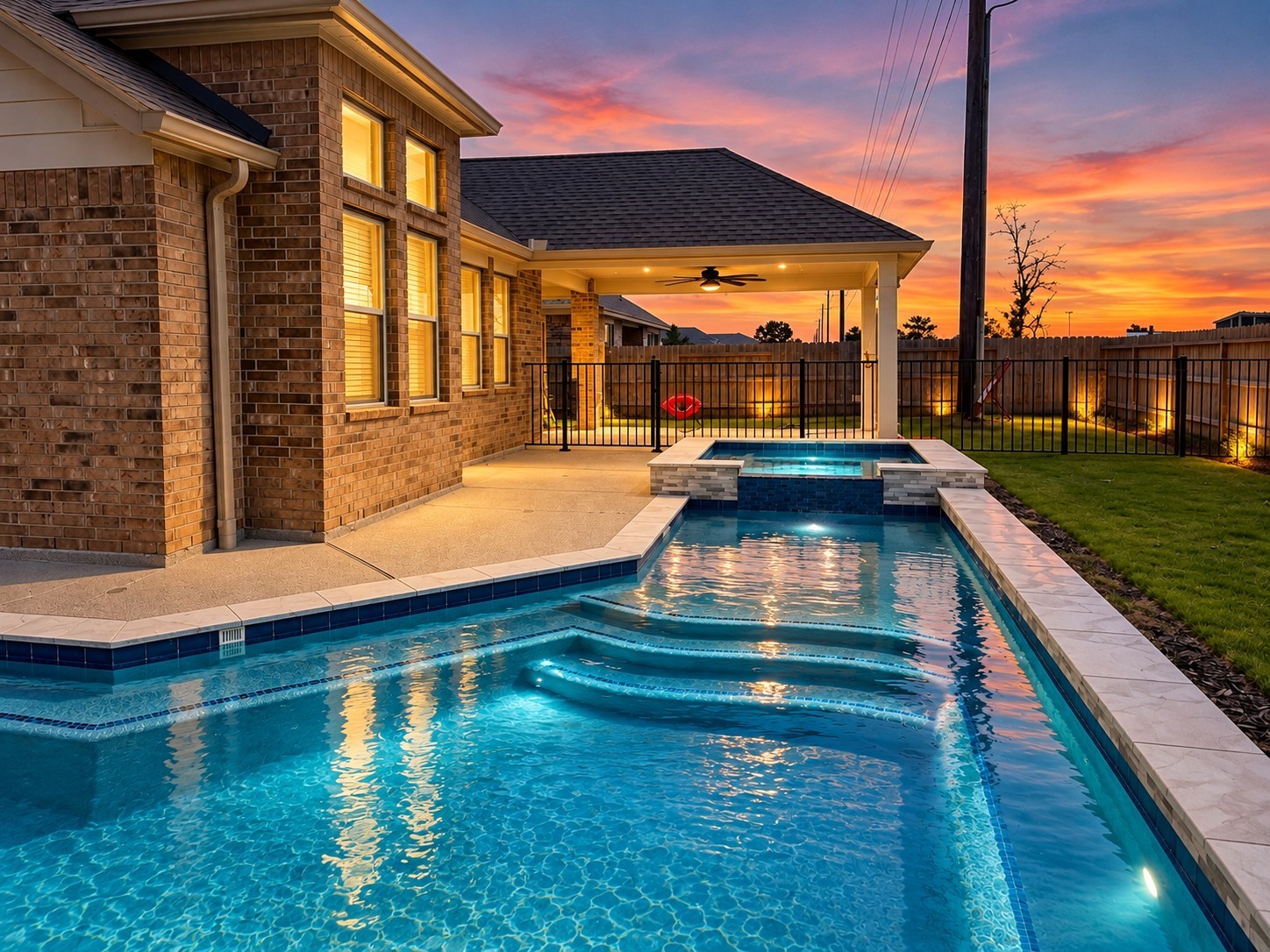 Poolside evenings await, with a covered patio and an illuminated private pool creating a welcoming setting for unwinding or entertaining.