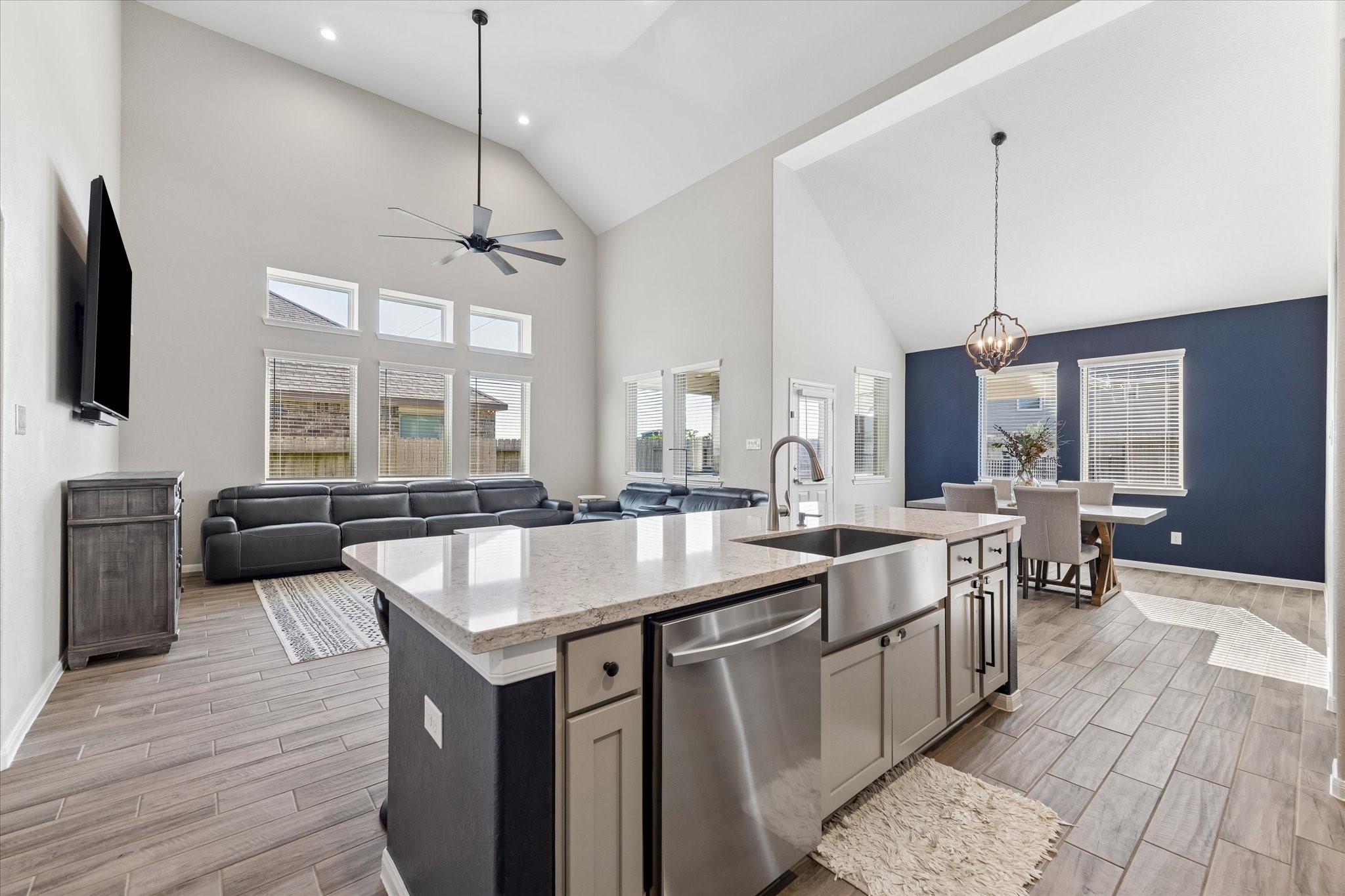 Pull up a seat at the contrasting island, where seating for four complements light cabinetry and stainless steel appliances.