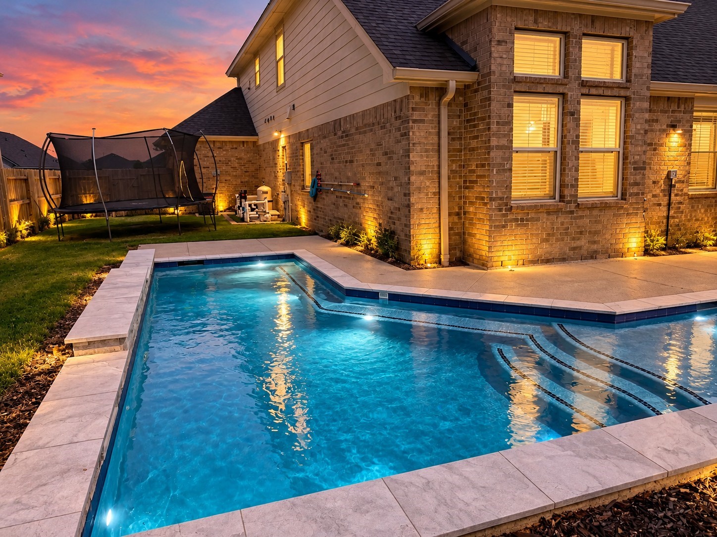 End the day with a swim in the heated pool or a relaxing soak in the attached hot tub. Warm evening lighting creates an inviting backdrop for this backyard retreat, added in 2025.