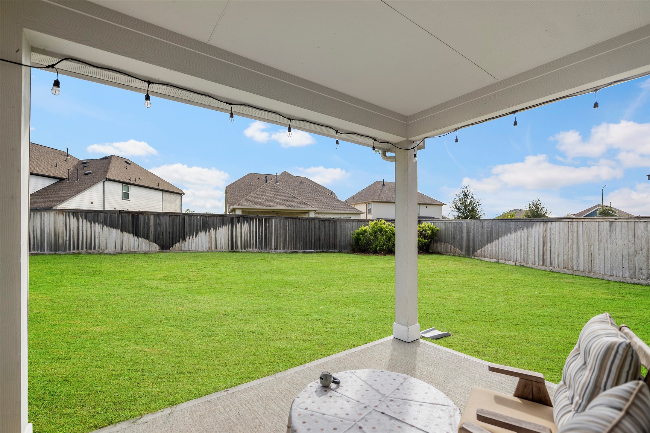 Covered back patio overlooking the spacious backyard.