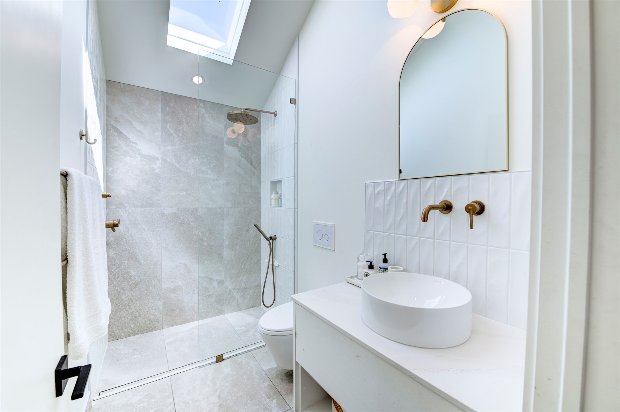 Front house bathroom with skylight