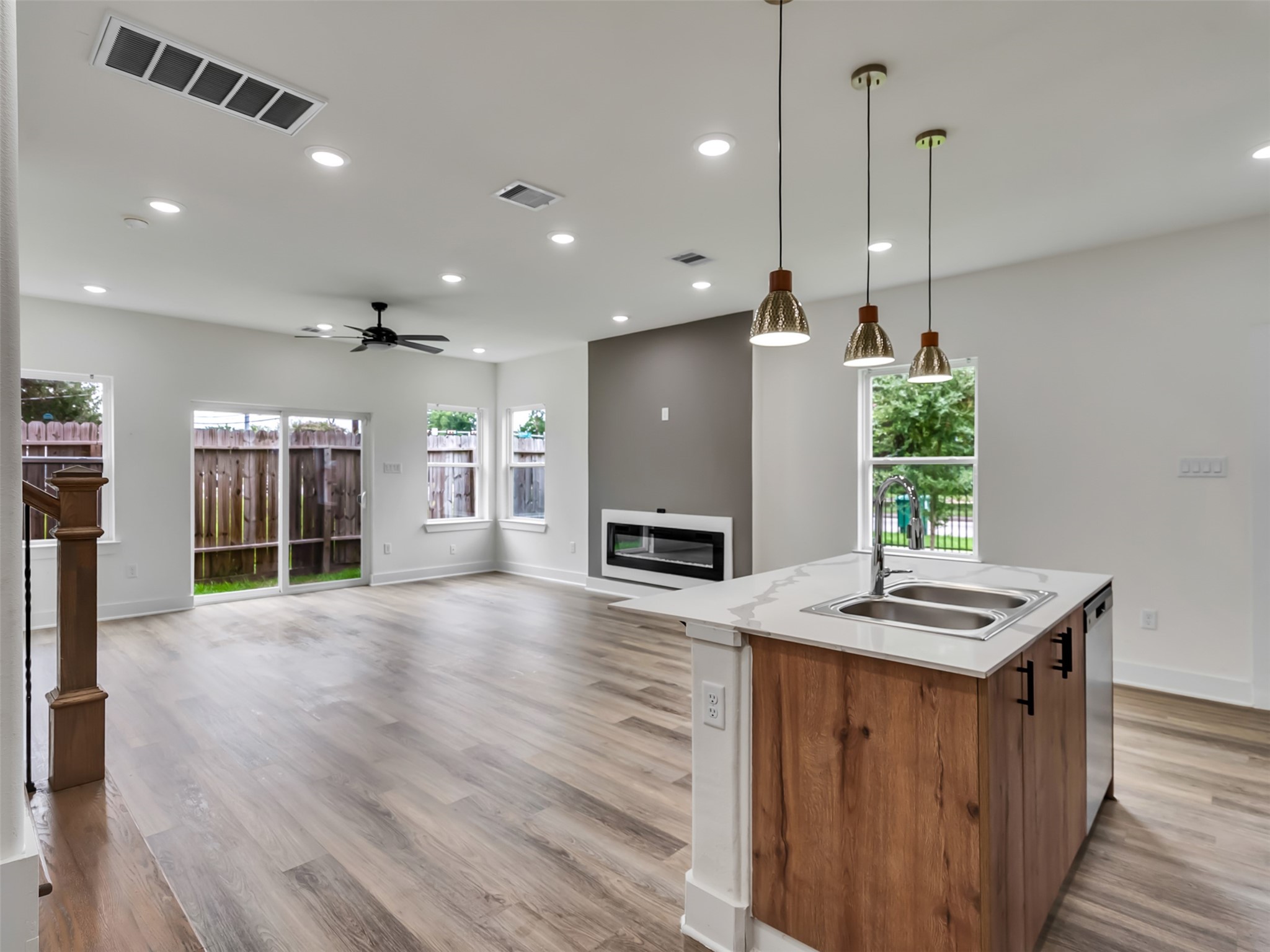 Kitchen facing living room & fireplace