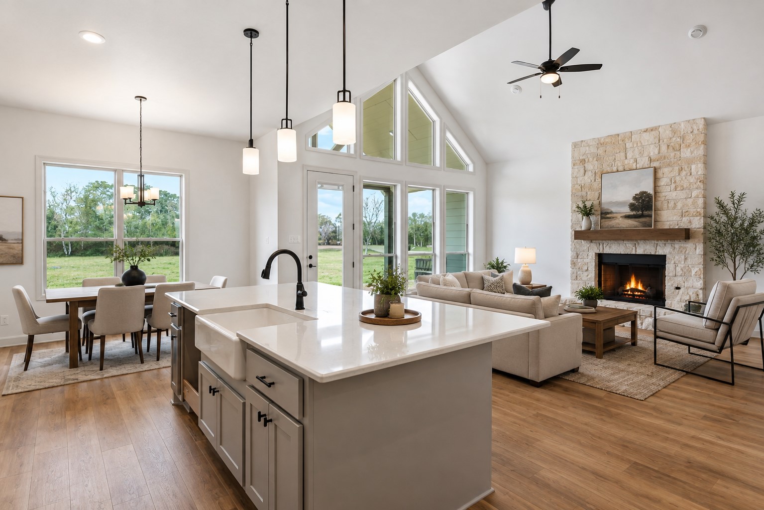 An open-concept design that seamlessly connects the kitchen and living areas.