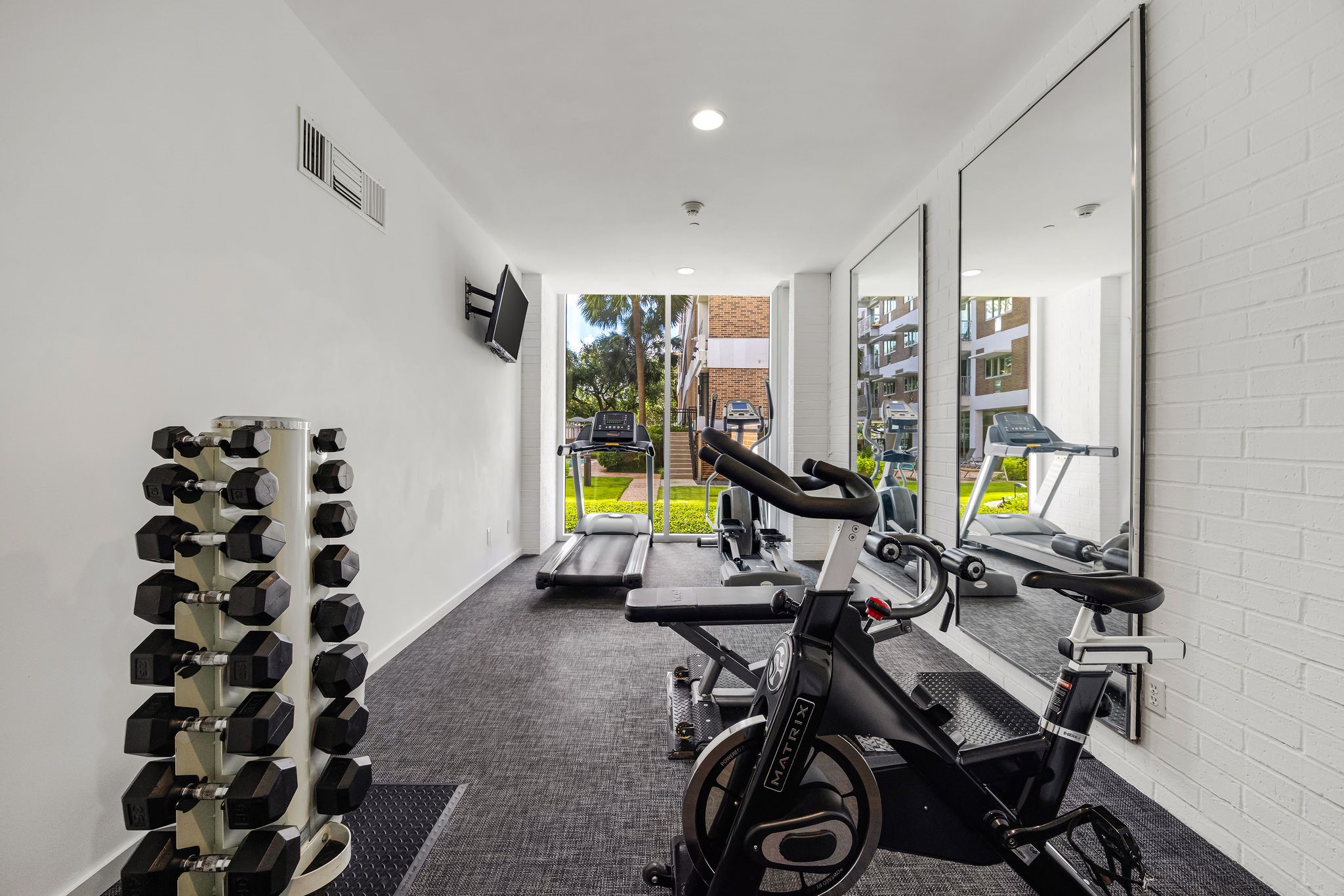 Bright and modern gym equipped with a variety of exercise machines and free weights, complemented by large mirrors and a TV for an enhanced workout experience.